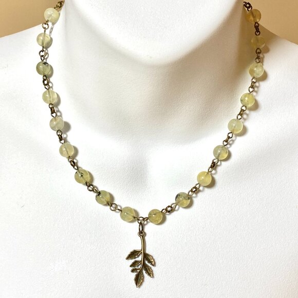 Natural Yellow Green Prehnite Necklace, Bronze Leaf Branch + Genuine Gemstone - Picture 2 of 16